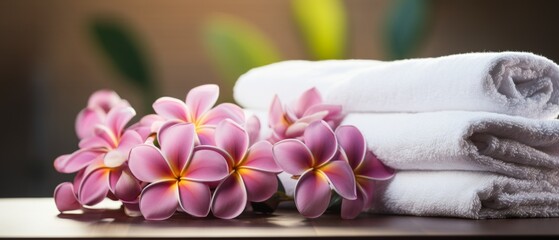 A serene and natural spa composition featuring a massage table at a wellness center, adorned with towels and plumeria frangipani flowers for a relaxing experience.
