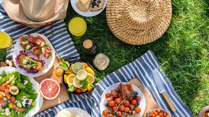 A variety of food items arranged neatly on a blanket for a picnic, including sandwiches, fruits, cheese, and beverages - obrazy, fototapety, plakaty