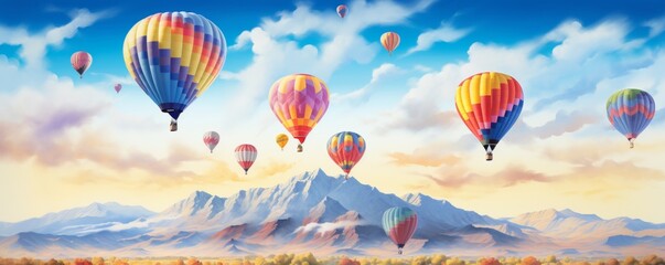 
A watercolor illustration design of the Albuquerque International Balloon Fiesta, featuring colorful hot air balloons soaring over the scenic landscapes of New Mexico.
