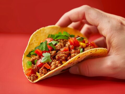 Fingers pinching a spicy taco realistic simple background just hands fiery red background.