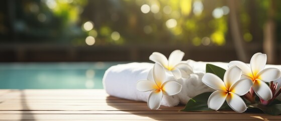 Fototapeta na wymiar natural relaxing spa composition massage table in wellness center with towels plumeria frangipani flower banner copy space