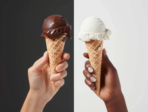 Hands holding two different ice cream cones one chocolate one vanilla realistic simple background just hands split background of black and white. - Powered by Adobe