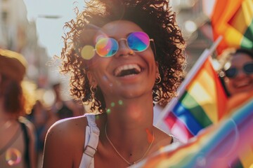 a woman with curly hair and sunglasses laughing - obrazy, fototapety, plakaty