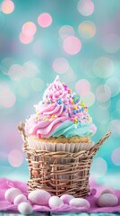 A cupcake into an easter basket bokeh background. Happy Easter bay