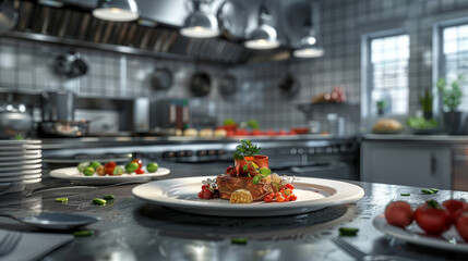 gourmet dish being prepared in a high-end restaurant kitchen
