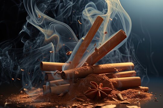 Free photo cinnamon sticks and stars with beautiful smoke background 