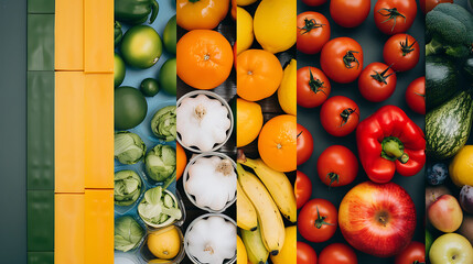 A vibrant collage showcasing various fruits and vegetables, emphasizing reducing food waste through environmentally conscious practices - obrazy, fototapety, plakaty