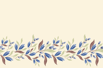 Fototapeta na wymiar Blue Floral Pattern seamless branch leaves embroidery flower motifs climbing on white background border watercolour brush ikat texture vintage style hand drawn. Vector illustration design