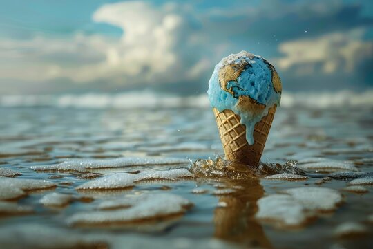 A striking visual metaphor for global warming, featuring a melting ice cream cone with an Earth design on a wet surface.
generative ai