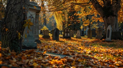 Serenity Amongst the Leaves, Peaceful Graveyard with Ancient Tombstones, Set in an Autumnal Landscape