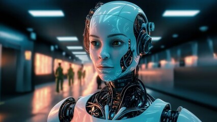 Obraz premium Create a short film script set in a world where advanced robots have become indistinguishable from humans. Explore the concepts of identity, awareness, and the blurred barriers between man and machine