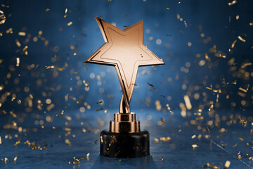 Gold star on a blue background as a reward. Top Performance Award. Winners Cup. Achievements. Victory. Goal achievement concept. Winner certificate. First place in a computer game. 3D rendering. - obrazy, fototapety, plakaty