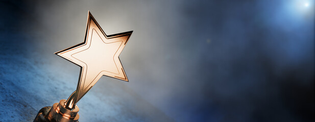 Gold star on a blue background as a reward. First place in a computer game. Top Performance Award. Winners Cup. Goal achievement concept. Winner certificate. Achievements. Victory. 3D rendering.