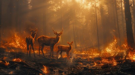 A group of deer in the woodland landscape of a forest