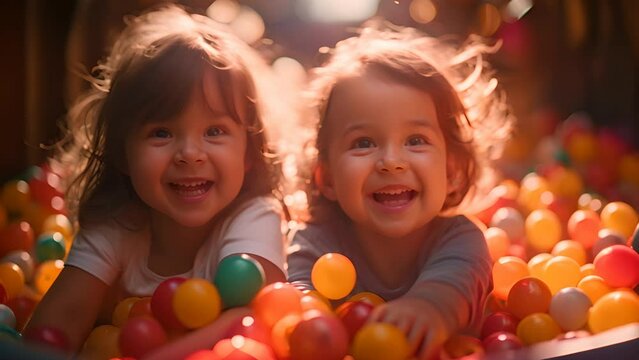 two children jumping in bouncy house,children playful with eath other.