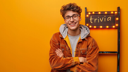A confident young man stands with his arms crossed in front of a "Trivia" sign on a vibrant yellow background. This image is for a lively and intellectually stimulating trivia night.
