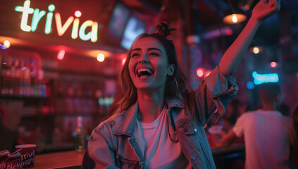 A young woman smiles warmly with a "Trivia Night" sign in the background, reflecting her enthusiasm for the upcoming event. This image captures the lively  enjoyment associated with trivia nights.