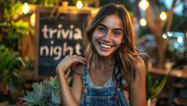 A young woman smiles warmly with a "Trivia Night" sign in the background, reflecting her enthusiasm for the upcoming event. This image captures the lively  enjoyment associated with trivia nights.
