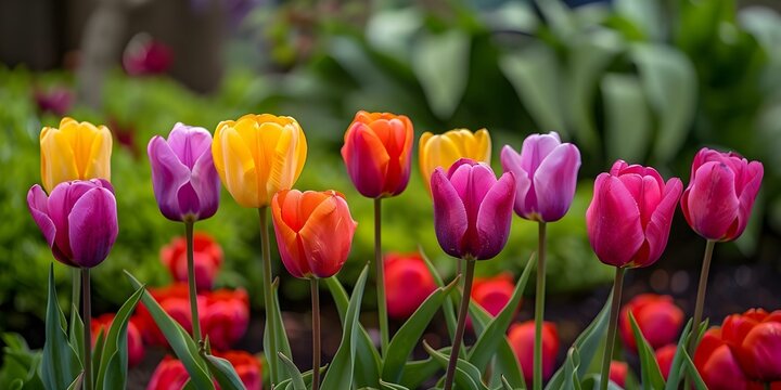 Tranquil garden setting with a scenic view of colorful tulips. Concept Garden Photography, Tulip Garden, Scenic Views, Tranquil Settings, Nature Photography