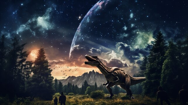 An outdoor photograph capturing dinosaurs gazing at a comet hurtling towards Earth. The image is in high resolution and features a forest background.