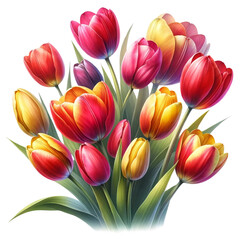 Watercolor illustration of vibrant tulips in full bloom, a single cluster with varied hues of red, yellow, and pink, clipart isolated on a white background, capturing spring's vitality, PNG