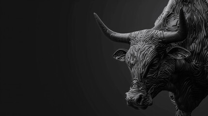 A striking image of a bull head silhouette against a stark black background, symbolizing the bullish market sentiment in cryptocurrency or stock trading  - obrazy, fototapety, plakaty