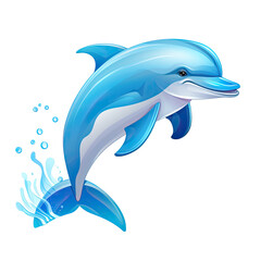 An illustration of a blue-white dolphin with water bubbles