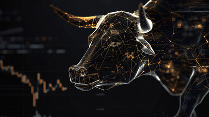 A striking image of a bull head silhouette against a stark black background, symbolizing the bullish market sentiment in cryptocurrency or stock trading  - obrazy, fototapety, plakaty