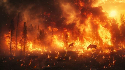 Deurstickers A deer faces a massive blaze in the forest, surrounded by smoke and flames © Наталья Игнатенко