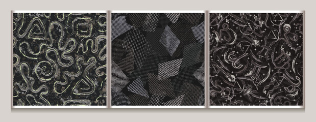 Seamless gray camouflage patterns with abstract wavy lines, horoscope signs, splattered paint, scattered tulle patches. Dense random composition. Grunge texture