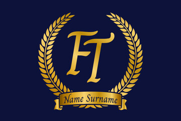 Initial letter F and T, FT monogram logo design with laurel wreath. Luxury golden calligraphy font.