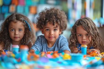 Fototapeta premium Portrait of three adorable multiracial children sitting at a table and looking at the camera with big smiles on their faces