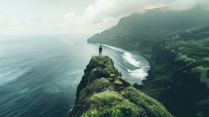 Person admiring the coastal landscape from a cliff overlooking the ocean - obrazy, fototapety, plakaty