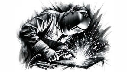 Artistic sketch of a welder at work, with dynamic lines and sparks flying, capturing the intensity of the welding process