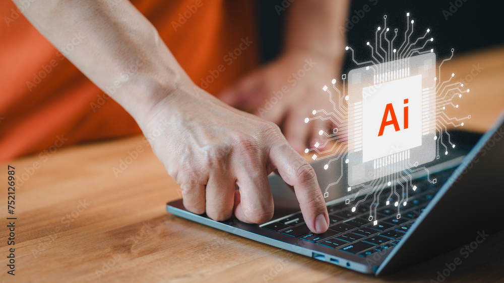 Fototapete AI chat application, User use a laptop with Ai technology for global internet connect chatbot, Artificial Intelligence. Man using command prompt for generate something in design.