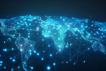 A blue and white image of a world map with many lines connecting it