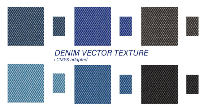 Set of denim textures. Sample tile for seamless patterns. Traditional colors for jeans. Classic old texture.