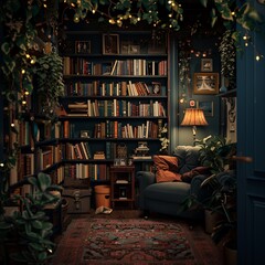 Bookcase with books, furniture, and plant in a cozy living room