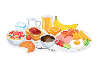 Big breakfast with many food and drinks vector illustration. Healthy full breakfast icon set on a white background. Breakfast with coffee, orange juice, croissant, egg, fruit, cereal and more