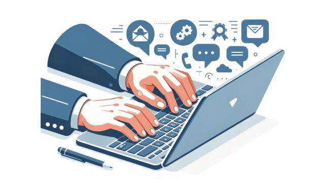 Digital illustration of professional hands typing on laptop ideal for depicting online communication workflow and corporate efficiency