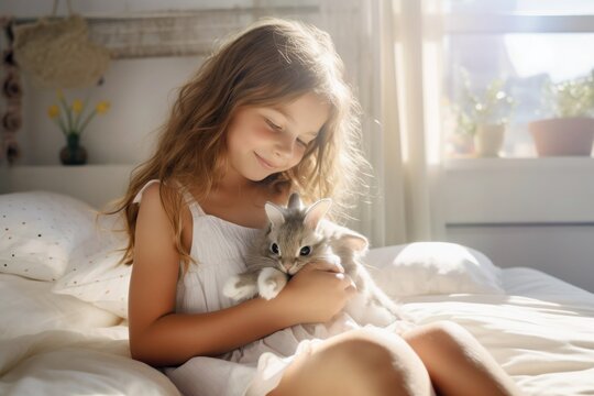 Petite fille avec un lapin dans les bras