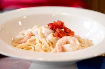 View of the seafood spaghetti on the table