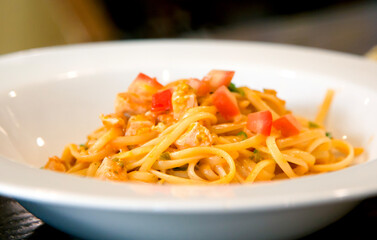 View of the tomato spaghetti on the table