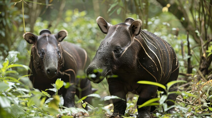 Malayan tapir and her striped calf among green leaves.