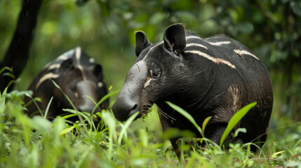 Fototapeta premium Malayan tapir and her striped calf among green leaves.
