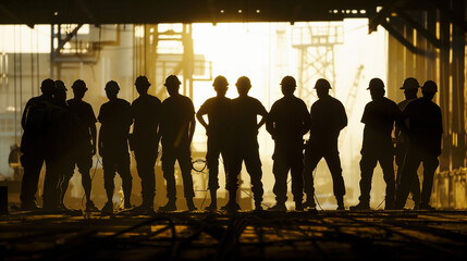 Silhouttes of workers against industrial background - obrazy, fototapety, plakaty