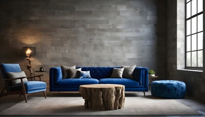 sophisticated visual representation of an elegant loft living room interior, featuring a luxurious blue velvet sofa and a rustic wood stump side table set against a backdrop of a stone structure wall