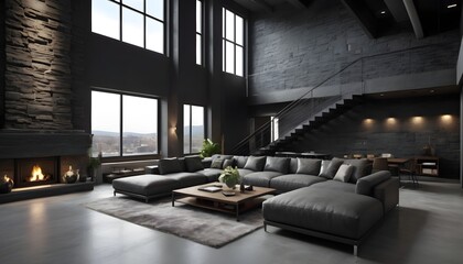 modern living room nestled within a penthouse loft, distinguished by its striking dark stone walls