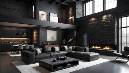 modern living room nestled within a penthouse loft, distinguished by its striking dark stone walls - obrazy, fototapety, plakaty