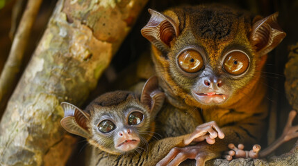 A tarsier and her baby peeking out from a tree hollow.